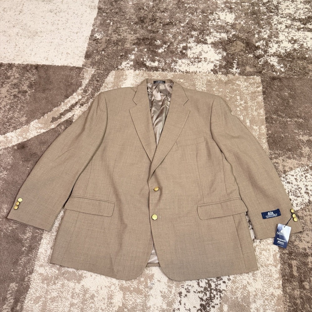 Vintage Stafford Mens Tan Hopsack Blazer 46R Wool Gold‎ Buttons NWT Academia